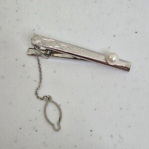 Lion Star Tie Bar Sterling Silver Pearl Clip Chain Textured Engraved White